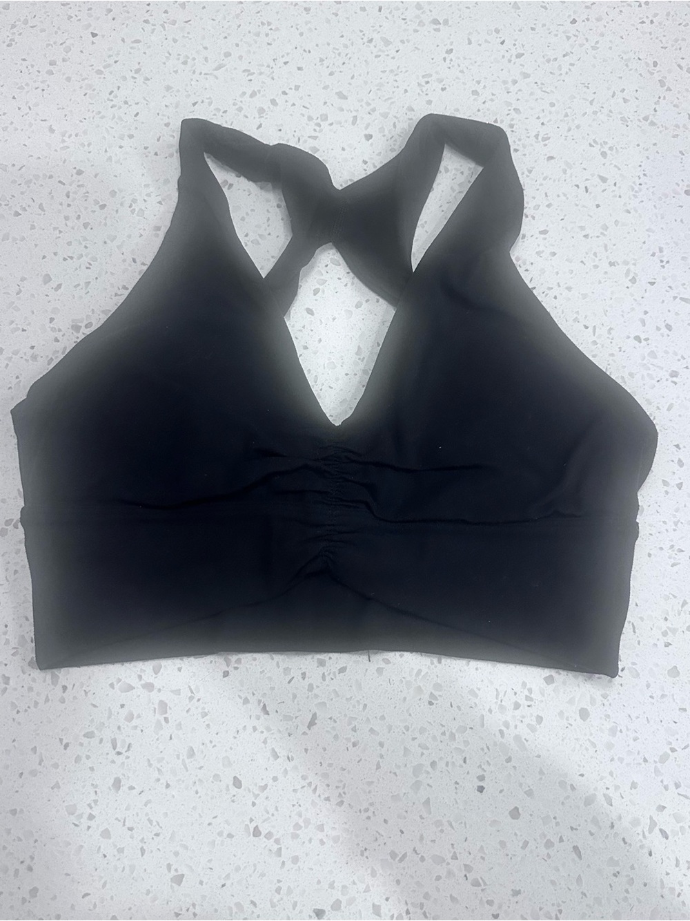 Aritzia TnAction Black Cross-Back Sports Bra with ruching